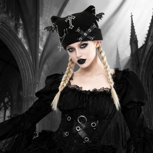 Gothic Punk Beanie Black Cat Ears Y2K Knit Cap Bat Wing Cross Chain Accessories